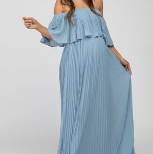 Pink Blush Off-the-Shoulder Pleated Maxi Light Blue